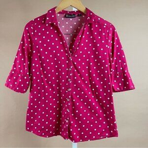 7th Avenue Retro Women's Medium Polka Dot Hot Pink Button Up 1/2 Sleeve Shirt